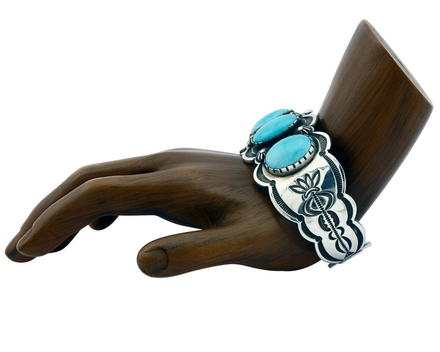 Women's Navajo Bracelet Hand Stamped .925 Silver Signed Nelson C.80's Turquoise