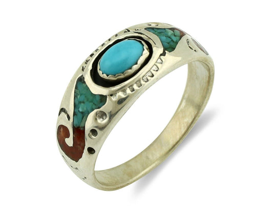 Navajo Handmade Ring 925 Silver Blue Turquoise & Coral Native American C.80's