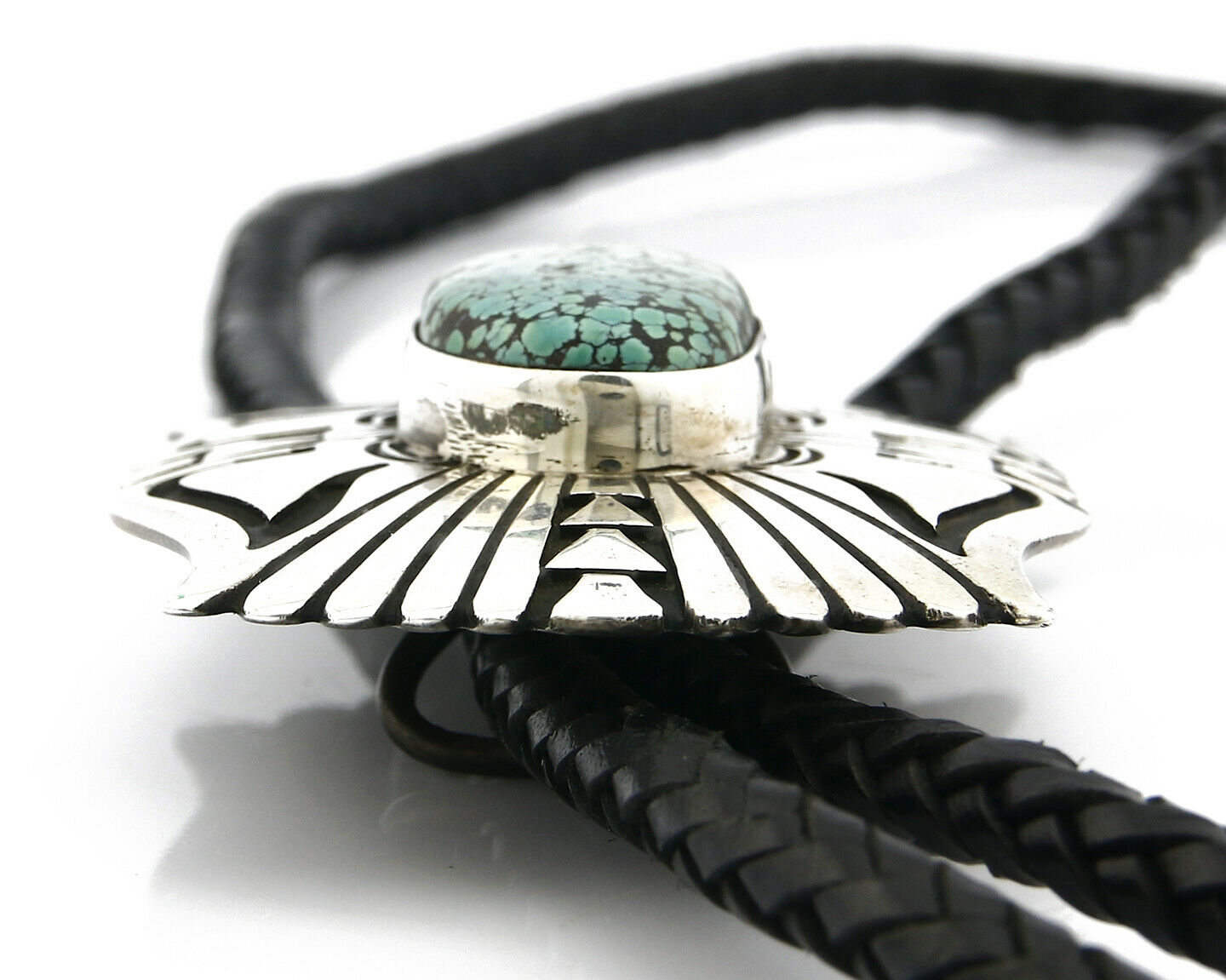 Navajo Turquoise Bolo Tie .925 Silver Spiderweb Turquoise Artist Signed J Billie