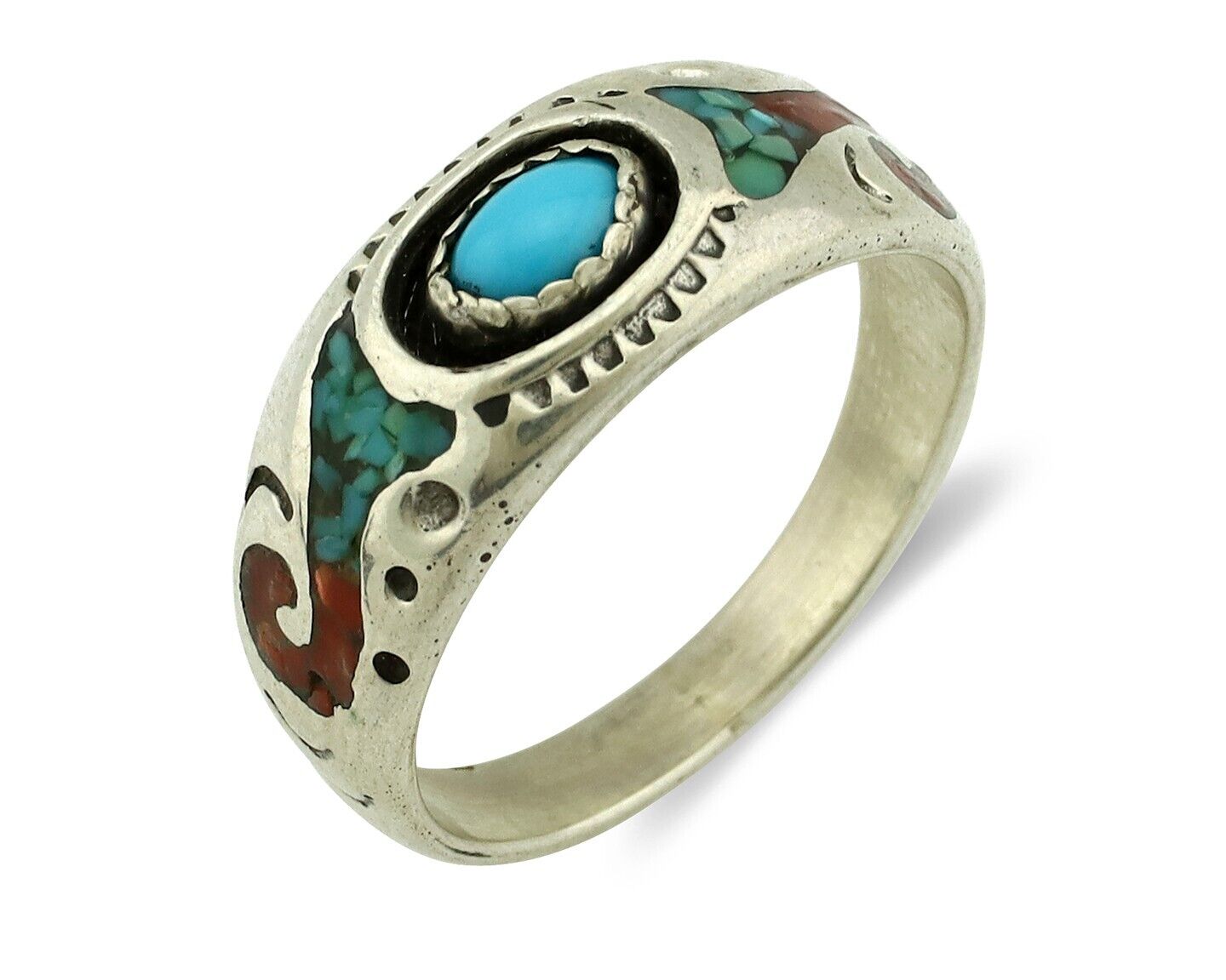 Navajo Handmade Ring 925 Silver Blue Turquoise & Coral Native American C.80's