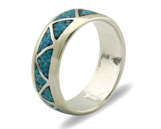 Navajo Chip Inlay Ring 925 Silver Sleeping Beauty Turquoise Artist Silver Cloud