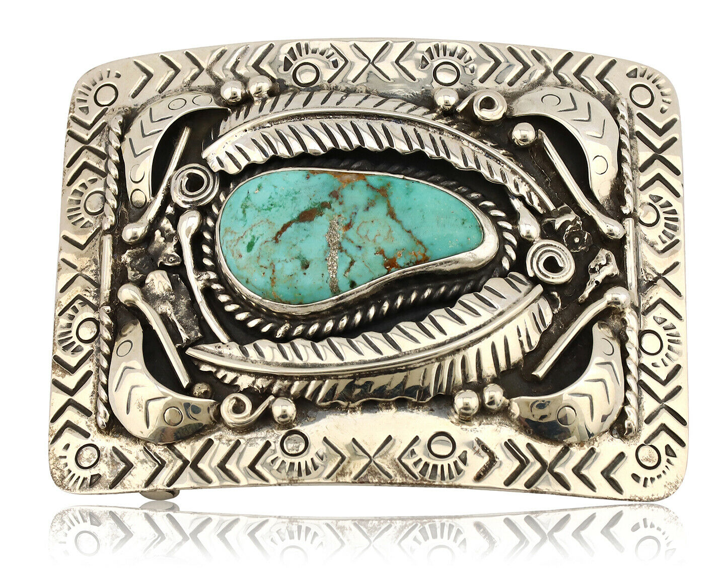 Navajo Belt Buckle .925 Silver Natural Blue Turquoise Artist Signed Tepee C.80's