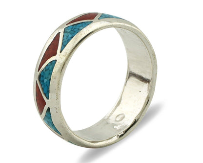 Navajo Chip Inlay Ring 925 Silver Sleeping Beauty Turquoise & Coral Silver Cloud