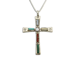 Zuni Handmade Cross Necklace 925 Silver Natural Gemstone Signed C. IULE C.80's