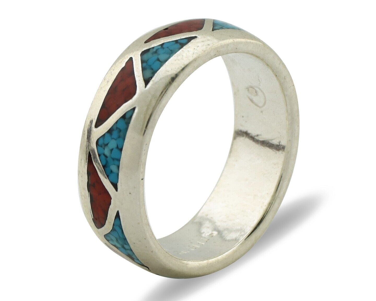 Navajo Chip Inlay Ring 925 Silver Sleeping Beauty Turquoise & Coral Silver Cloud