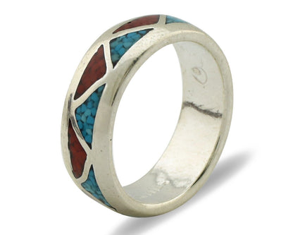 Navajo Chip Inlay Ring 925 Silver Sleeping Beauty Turquoise & Coral Silver Cloud