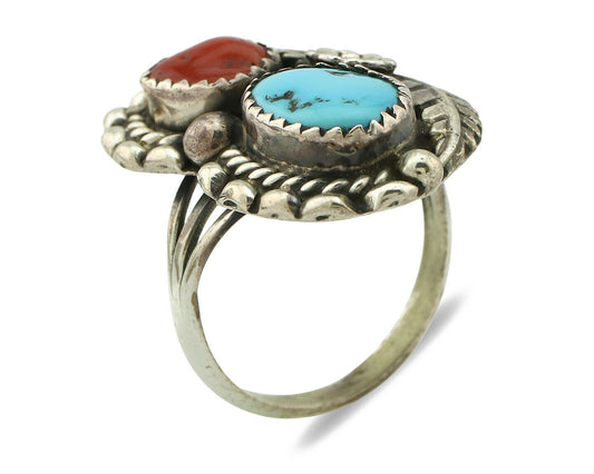 Navajo Ring .925 Silver Turquoise & Coral Artist Signed Thomas Singer C.80's