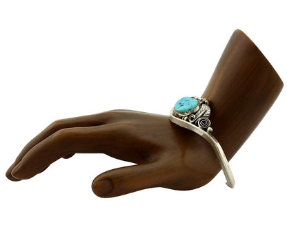 Navajo Cuff Bracelet 925 Silver Blue Turquoise Artist Signed Justin Morris C80s