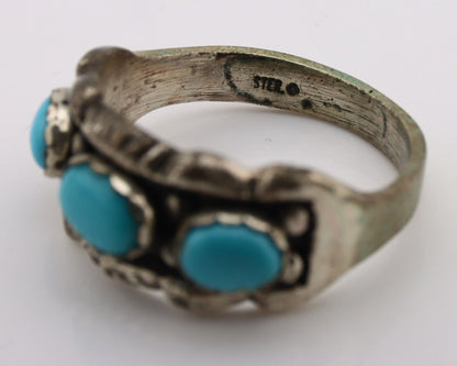 Navajo Ring .925 Silver Natural Blue Turquoise Artist Signed Sun Bell C.80's