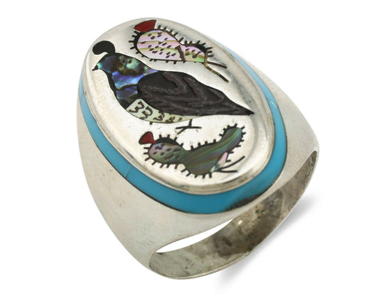 Zuni Inlaid Quail Bird Ring .925 Silver Artist Signed Watchman C.1980's