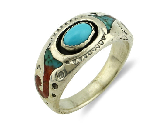 Navajo Handmade Ring 925 Silver Blue Turquoise & Coral Native American C.80's