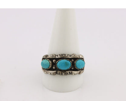 Navajo Ring .925 Silver Natural Blue Turquoise Artist Signed Sun Bell C.80's