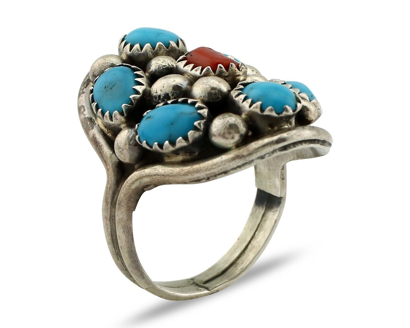 Navajo Ring 925 Silver Blue Turquiose & Coral Artist Signed Elgin Hoskey C.80's