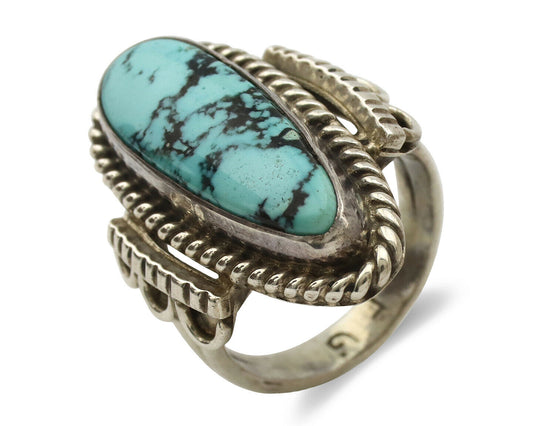 Navajo Ring .925 Silver Blue Spiderweb Turquoise Signed Fred Guerrero C.1980's