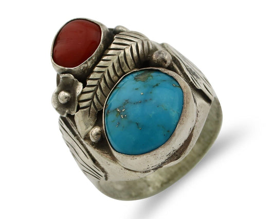 Navajo Ring 925 Silver Blue Turquiose & Mediterranean Coral Native Artist C.80's