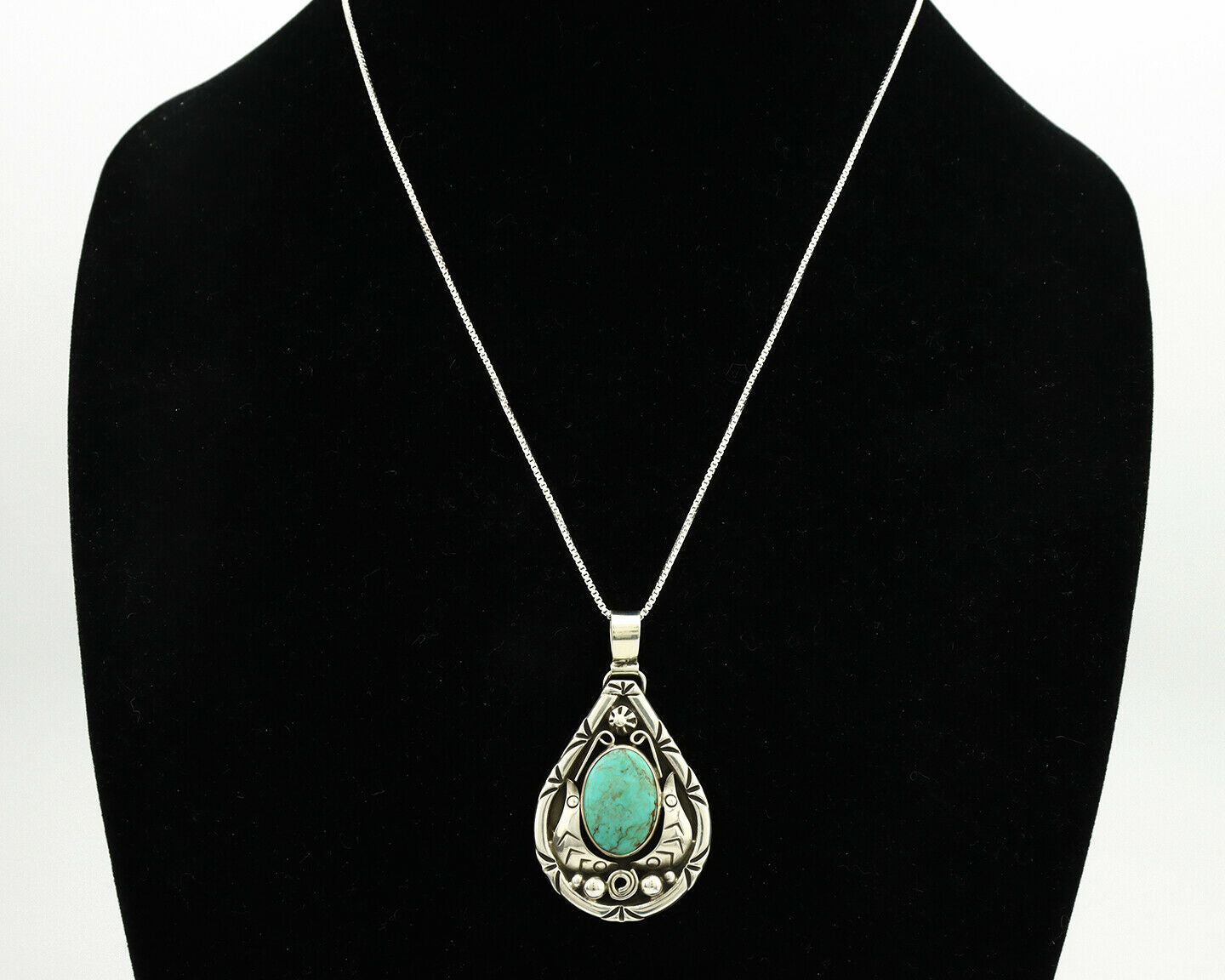 Navajo Necklace .925 Silver Kingman Turquoise Signed Tepee C.1980's