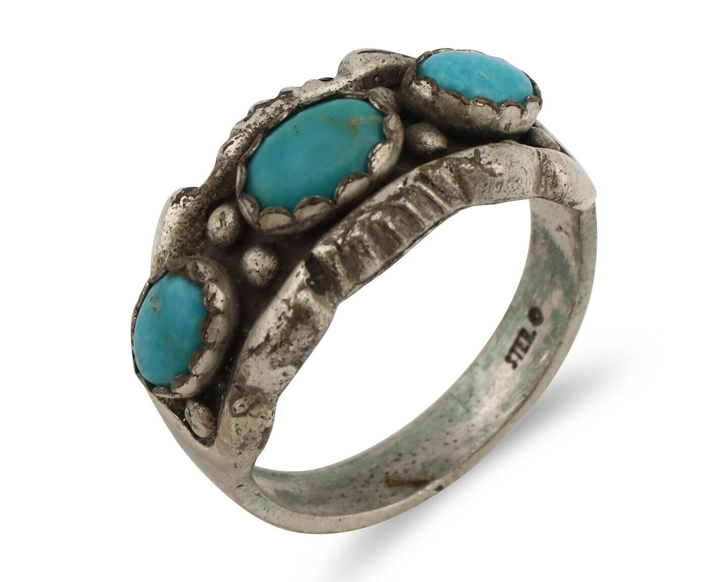 Navajo Ring .925 Silver Natural Blue Turquoise Artist Signed Sun Bell C.80's