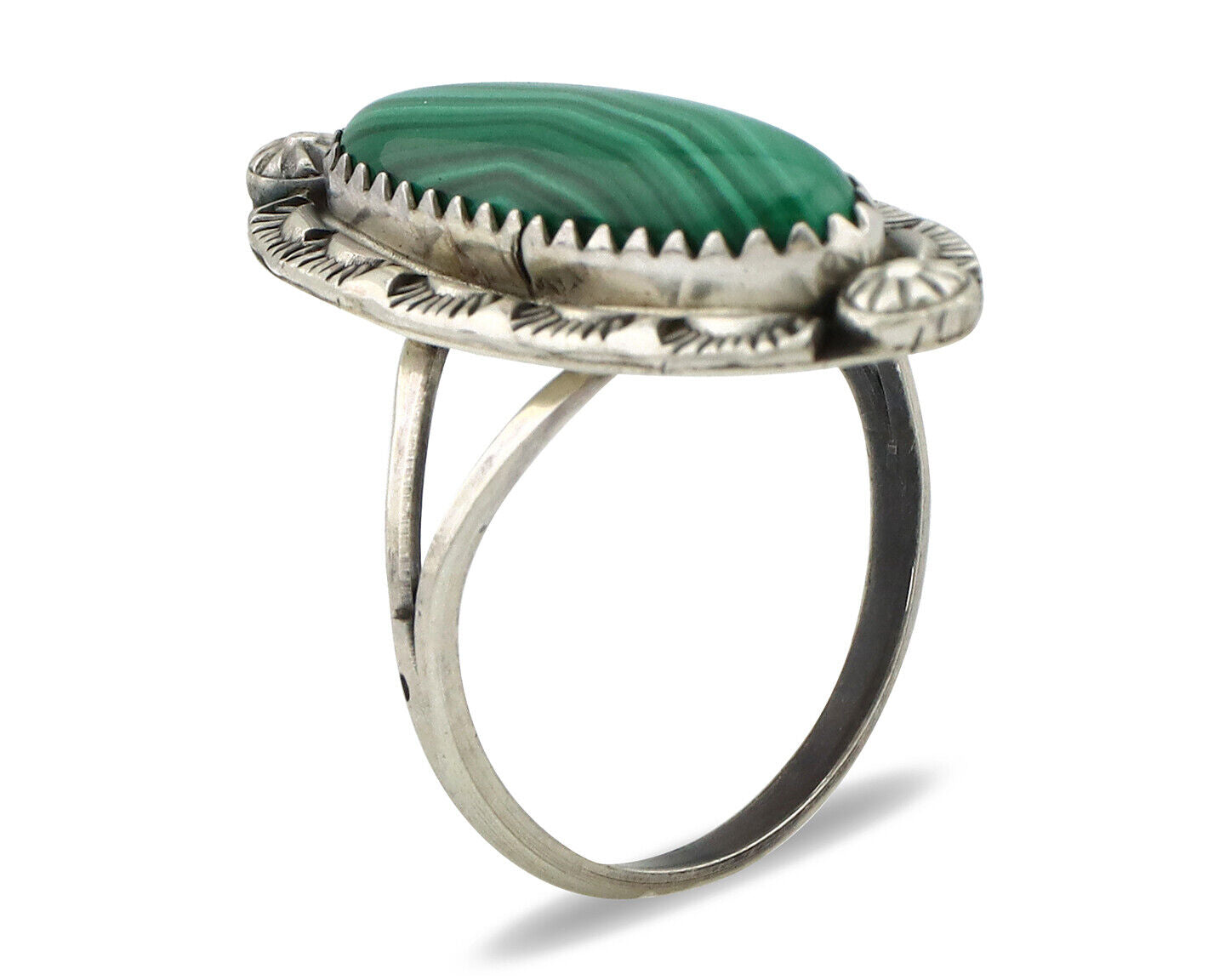 Navajo Ring 925 Silver Natural Malachite Artist Native American Signed H C.80's