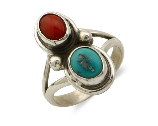 Navajo Handmade Ring 925 Silver Coral & Turquoise Native American Artist C.80's