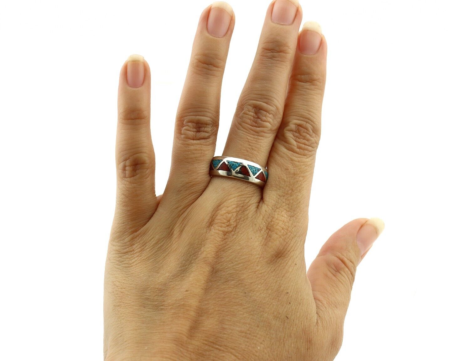 Navajo Chip Inlay Ring 925 Silver Sleeping Beauty Turquoise & Coral Silver Cloud