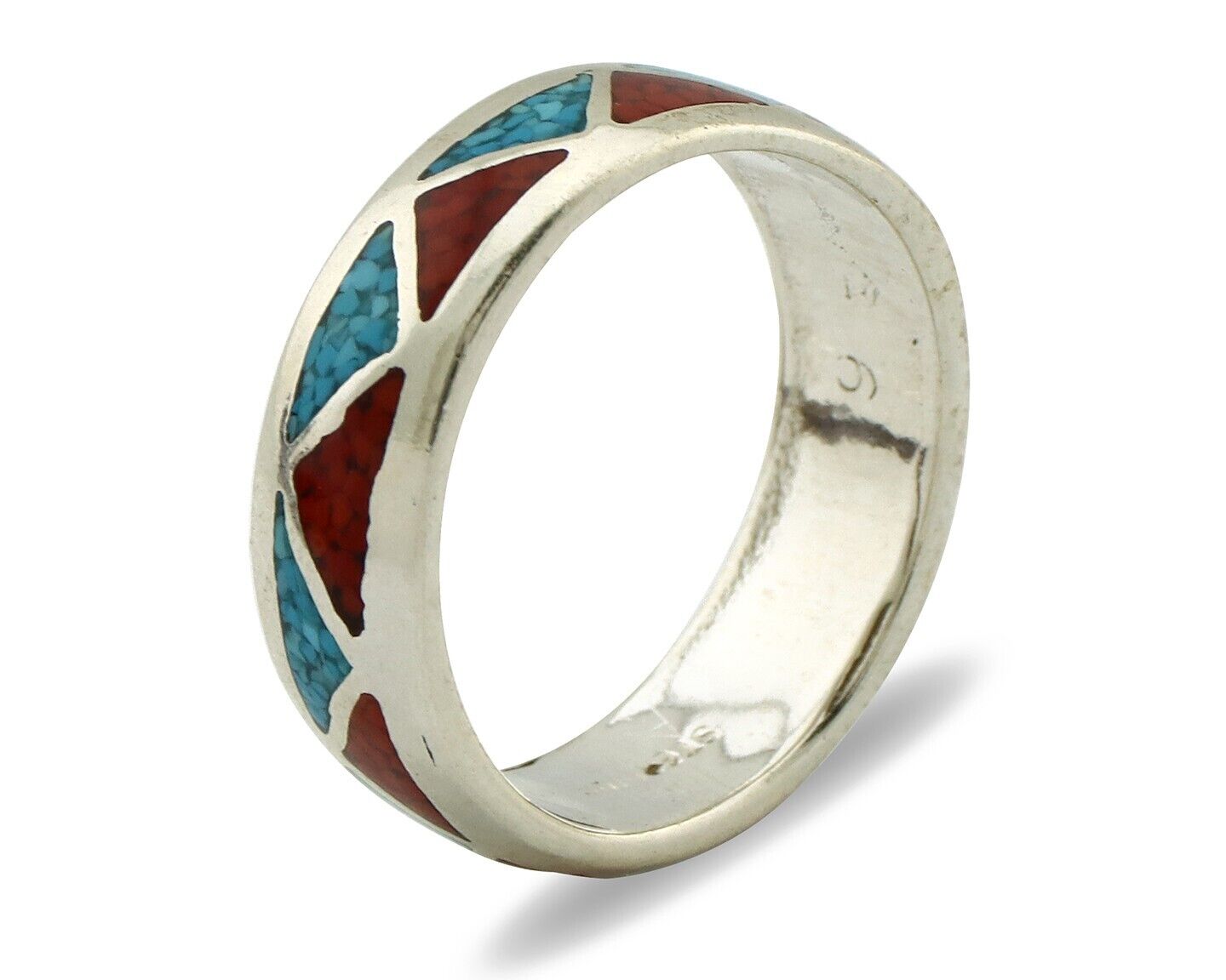 Navajo Chip Inlay Ring 925 Silver Sleeping Beauty Turquoise & Coral Silver Cloud