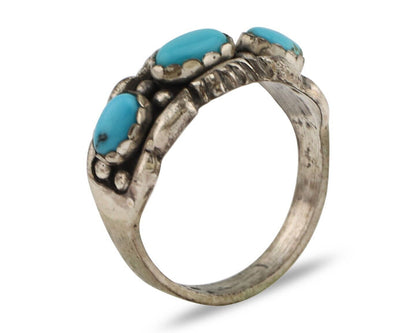 Navajo Ring .925 Silver Natural Blue Turquoise Artist Signed Sun Bell C.80's