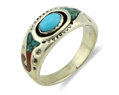 Navajo Handmade Ring 925 Silver Blue Turquoise & Coral Native American C.80's