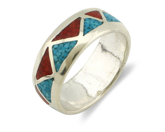 Navajo Ring 925 Silver Natural Turquoise & Coral Native American Artist C.80's