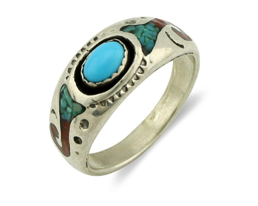 Navajo Handmade Ring 925 Silver Blue Turquoise & Coral Native American C.80's