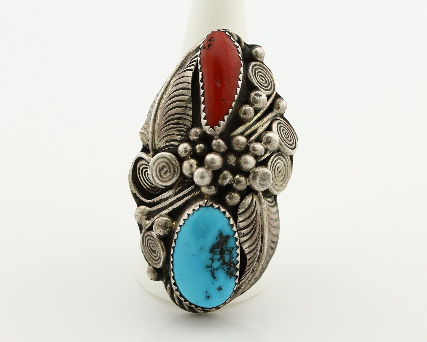 Navajo Ring 925 Silver Blue Turquiose & Coral Artist Signed JM C.80's