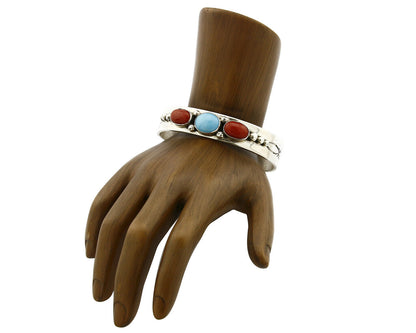 Navajo Bracelet .925 Silver Coral Turquoise Cuff Signed L. James C.80's