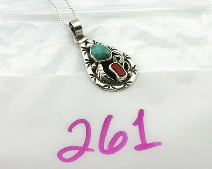 Navajo Necklace .925 Silver Natural Blue Turquoise & Coral Signed Tipi C.80's