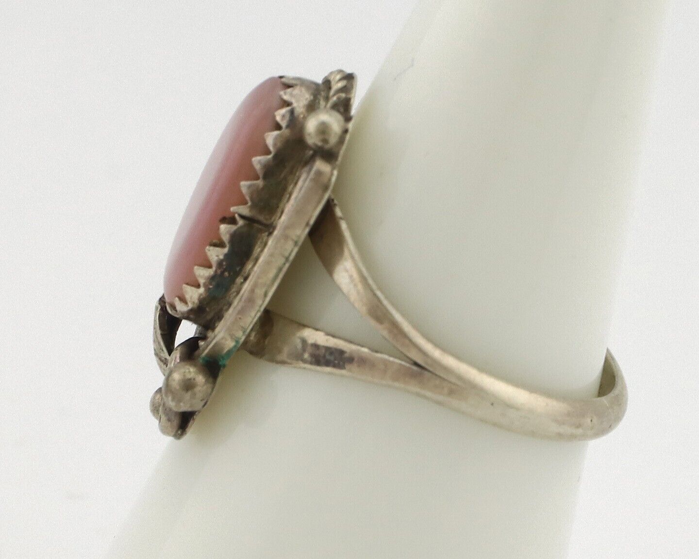 Navajo Ring .925 Silver Natural Pink Mussel Artist Signed Justin Morris C.80's