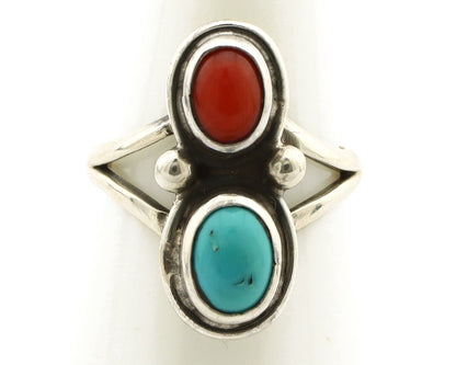 Navajo Handmade Ring 925 Silver Coral & Turquoise Native American Artist C.80's