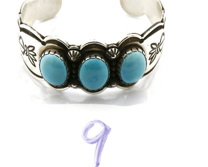 Women's Navajo Bracelet Hand Stamped .925 Silver Signed Nelson C.80's Turquoise