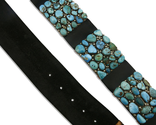 Navajo Natural Turquoise Concho Belt SOLID 925 Silver Artist Native American C80