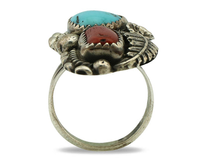 Navajo Ring .925 Silver Turquoise & Coral Artist Thomas Singer C.80's