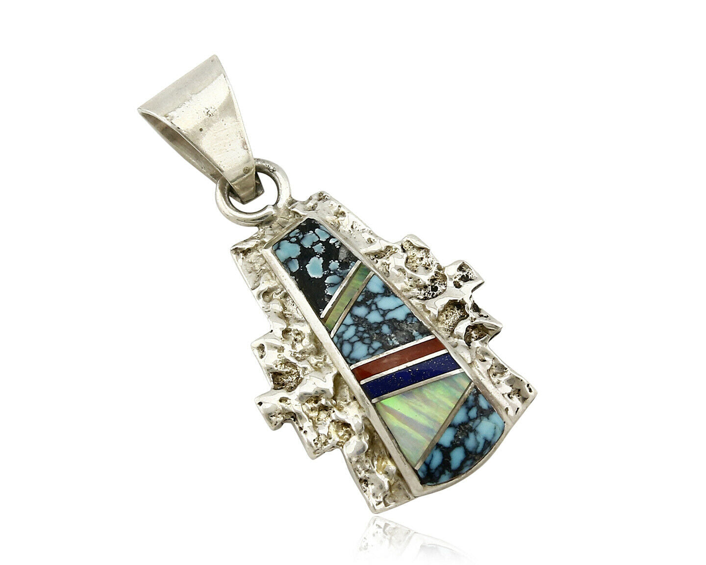 Navajo Pendant .925 Silver Inlaid Gemstone Native American C.80's