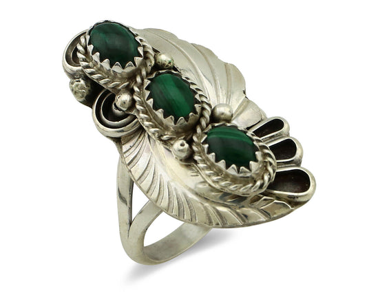 Navajo Ring 925 Silver Natural Green Malachite Signed Justin Morris C.80's