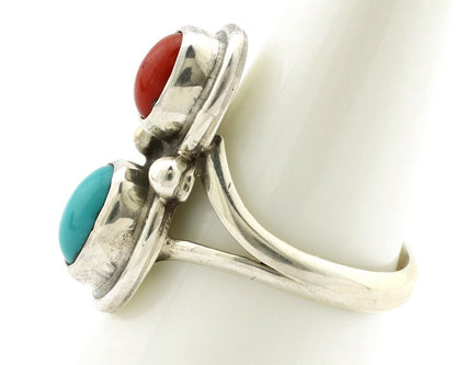 Navajo Handmade Ring 925 Silver Coral & Turquoise Native American Artist C.80's