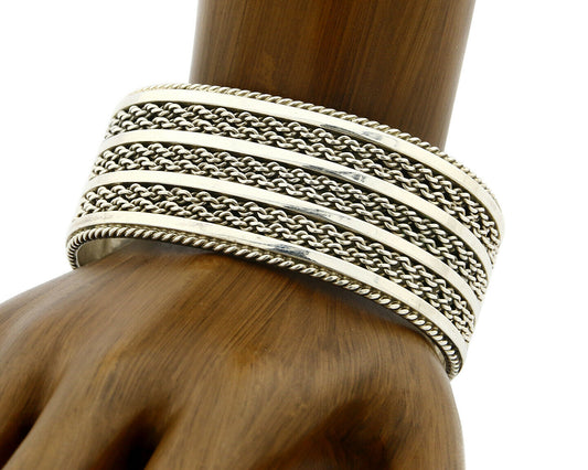 Women's Navajo Bracelet .925 Silver Hand Stamped Cuff Signed TAHE C.1980's