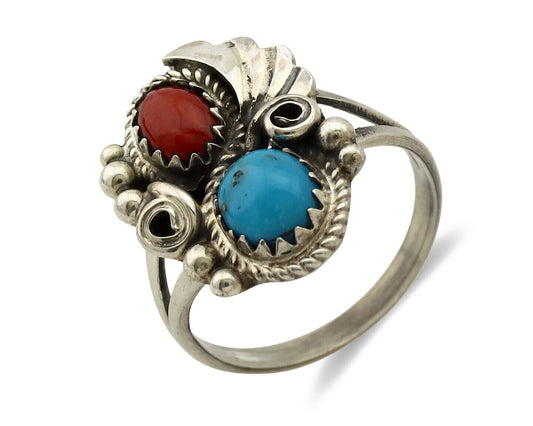 Navajo Ring .925 Silver Morenci Turquoise & Coral Native Artist Signed JM C.80's