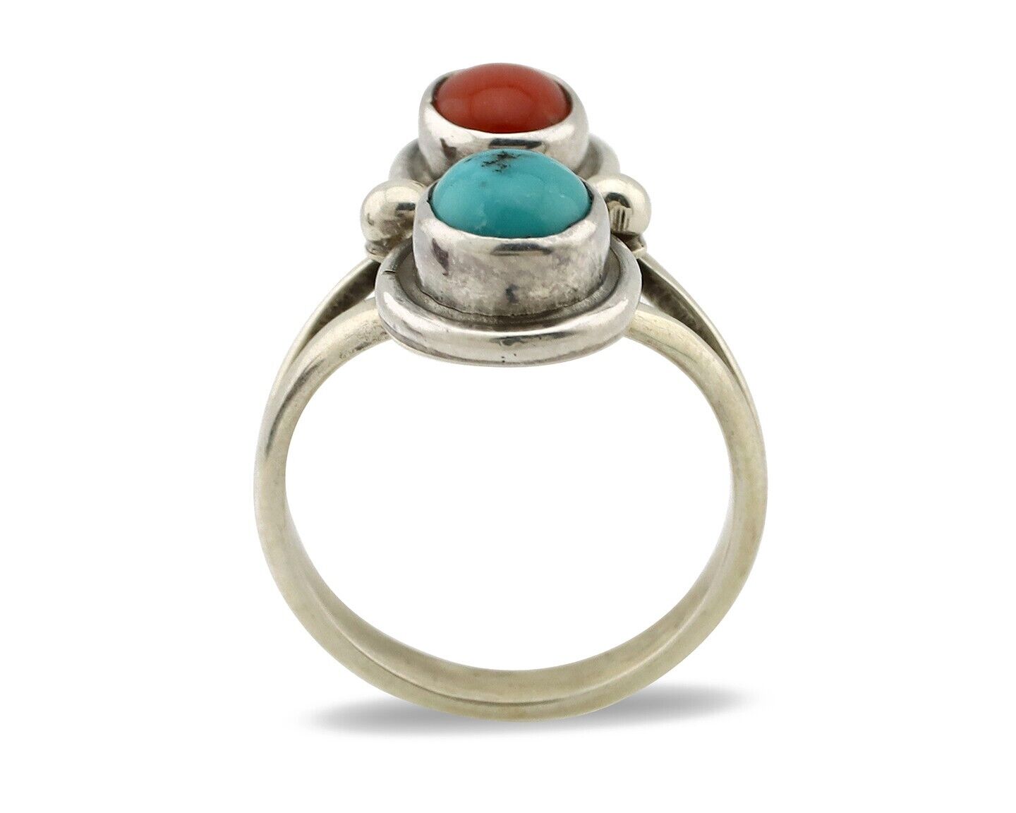 Navajo Handmade Ring 925 Silver Coral & Turquoise Native American Artist C.80's