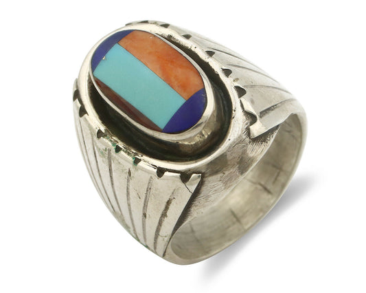 Navajo Ring .925 Silver Natural Inlaid Gemstone Artist Signed FY C.80's