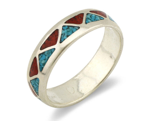 Navajo Chip Inlay Ring 925 Silver Sleeping Beauty Turquoise & Coral Silver Cloud