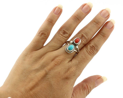 Navajo Handmade Ring 925 Silver Coral & Turquoise Native American Artist C.80's