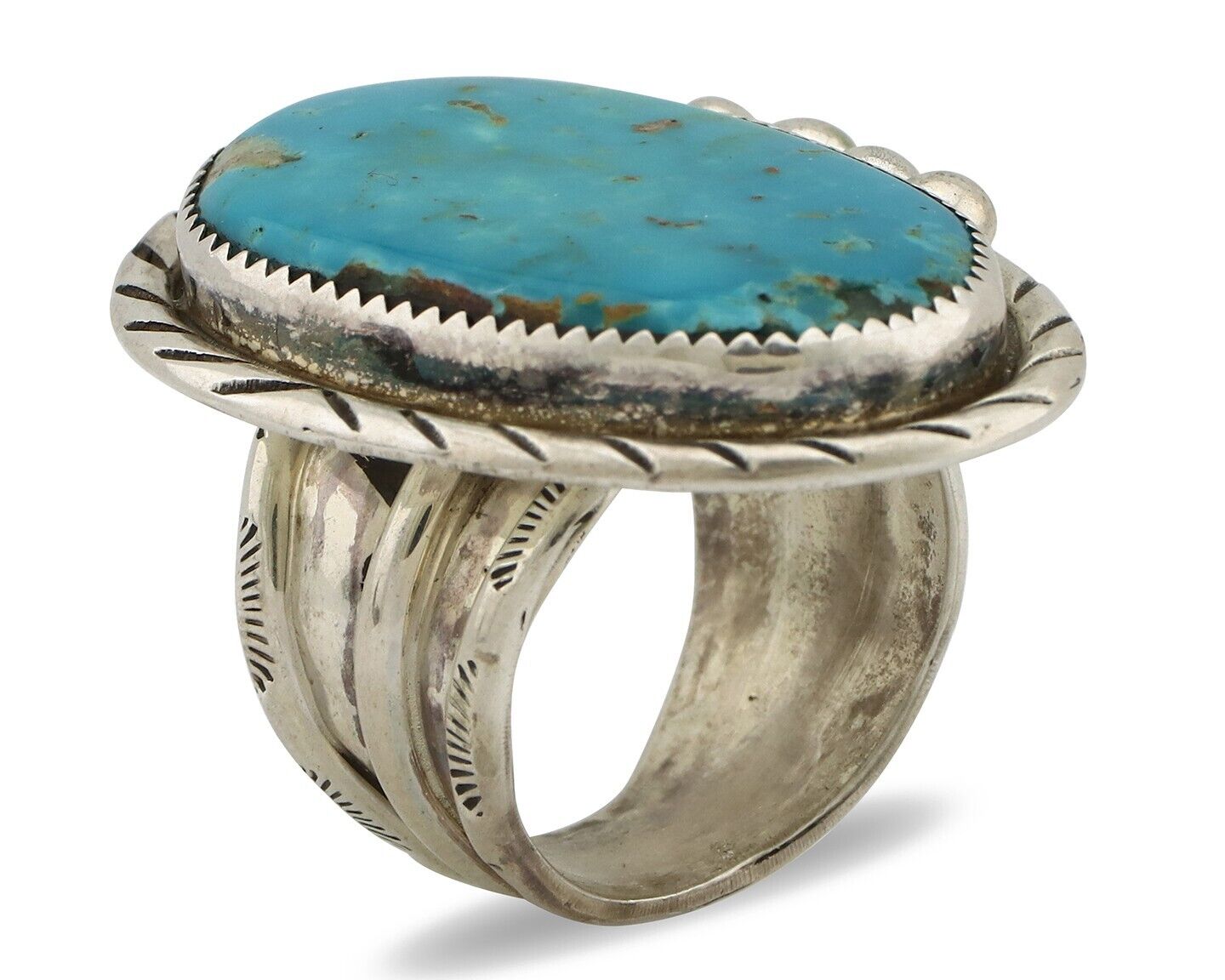 Navajo Ring 925 Silver Natural Blue Turquoise Artist Signed R C.80s