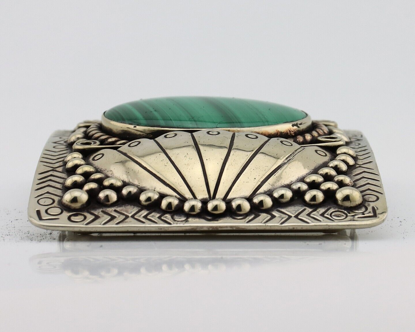 Men Navajo Belt Buckle 999 Nickel Malachite Artist Signed Teepee Handmade C80s