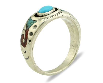 Navajo Handmade Ring 925 Silver Blue Turquoise & Coral Native American C.80's