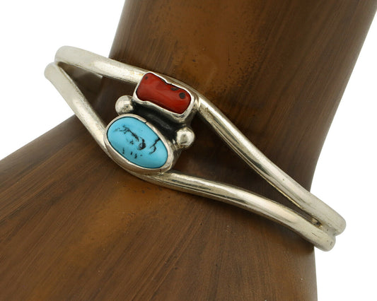 Navajo Bracelet .925 Silver Coral & Turquoise Artist Native American Artist C.90